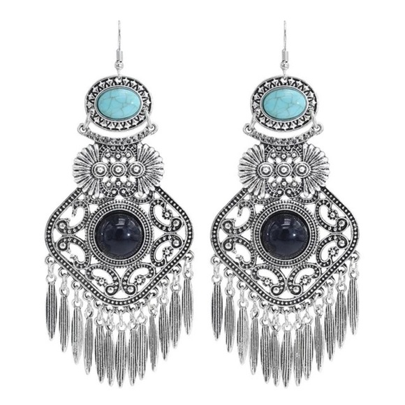 Jewelry - Boho Silver and Turquoise Tassel Oversized Dangle Retro Artsy Tribal Earrings